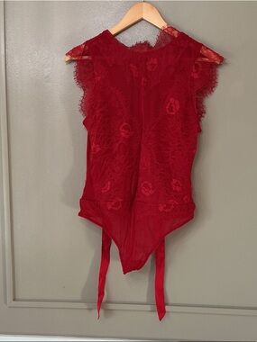 Free People Red Lace Cap Sleeve Bodysuit